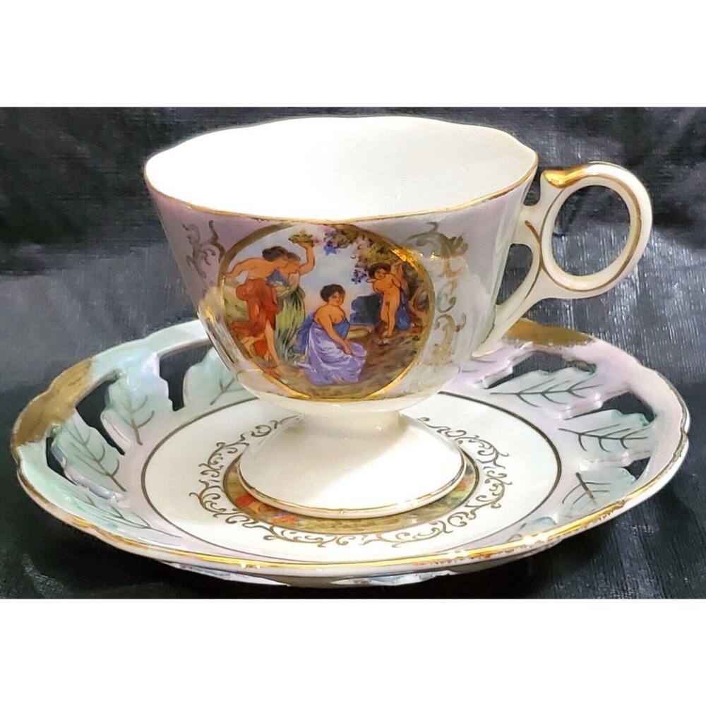 LM ROYAL HALSEY Coffee Tea Cup & Saucer w/ pierced luster rim Roman toga cherub